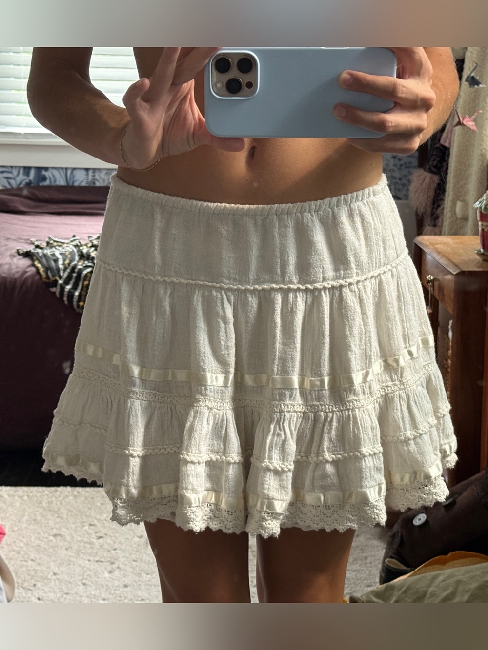 American Rag Cream Tiered Lace Ruffle Mini Skirt Boho Coquette Size S